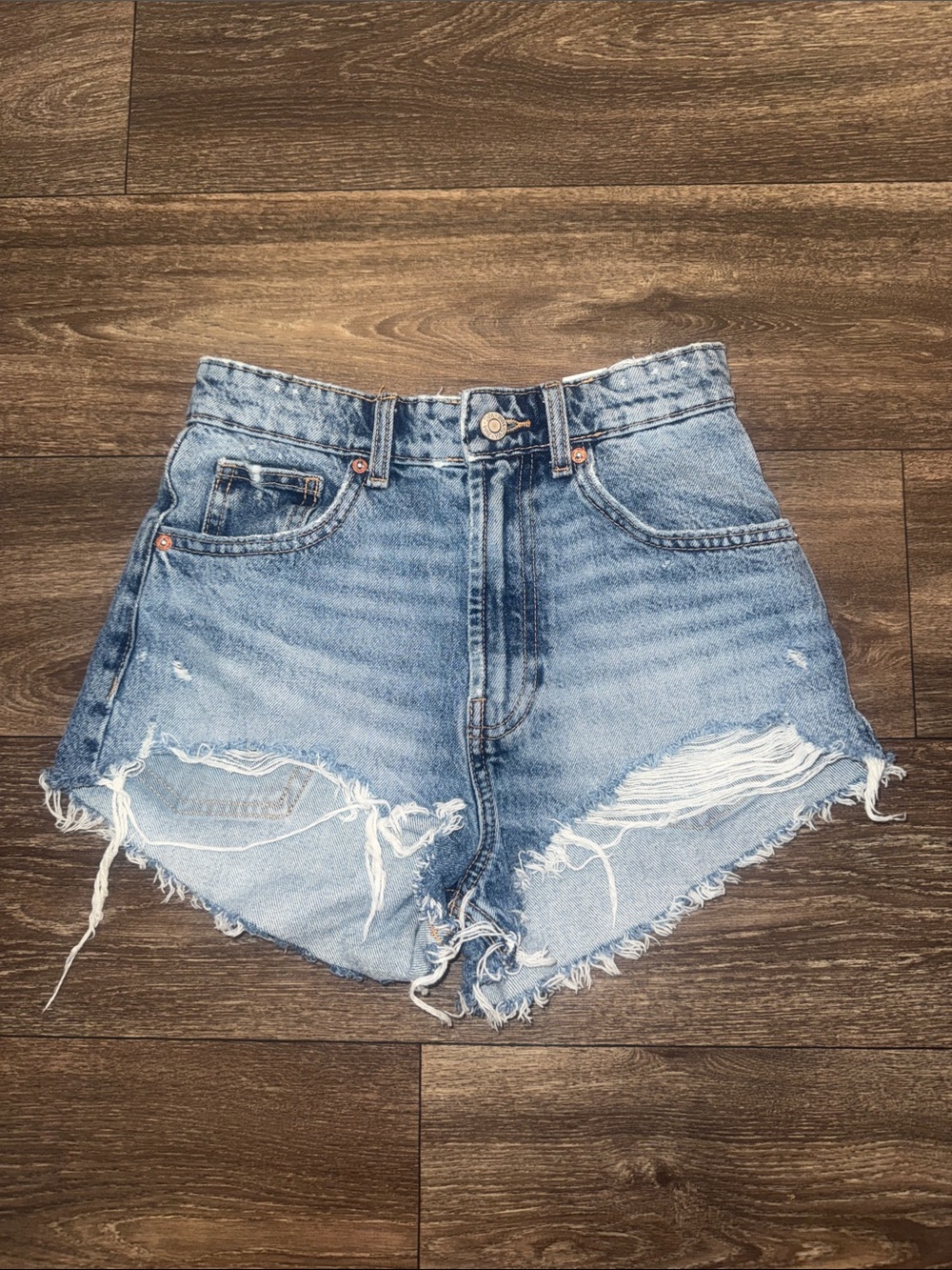 Zara Light Blue Distressed High-Rise Denim Shorts